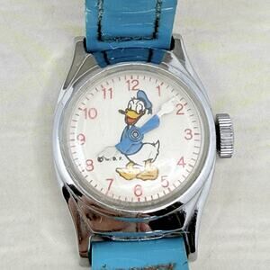 1955 US Time Donald Duck Disney Wrist Watch Blue Band Working Manual Wind
